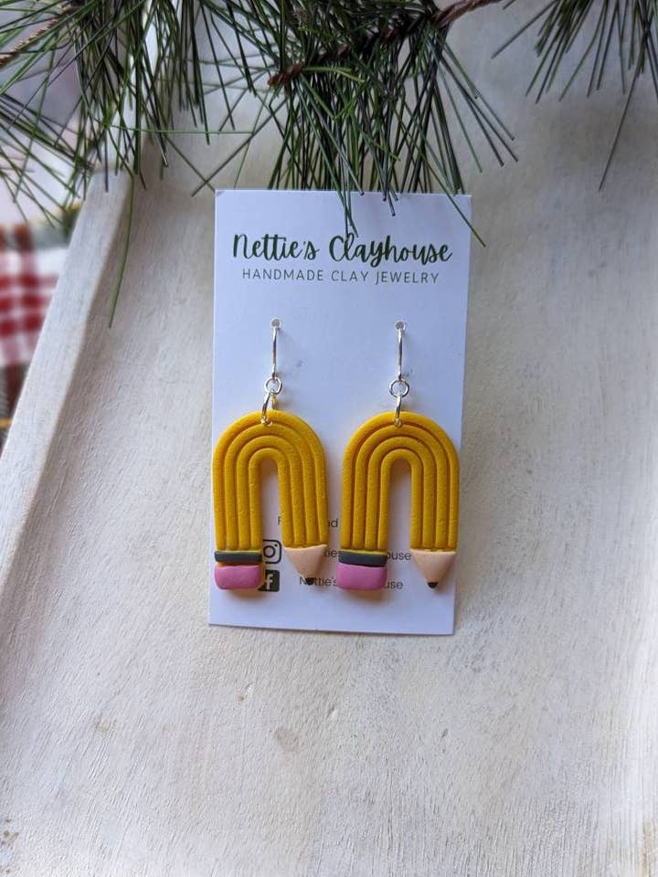 Teacher Clay Earrings, Pencil Earrings, Pencil Arches, Handm for wholesale by Nettie's Clayhouse