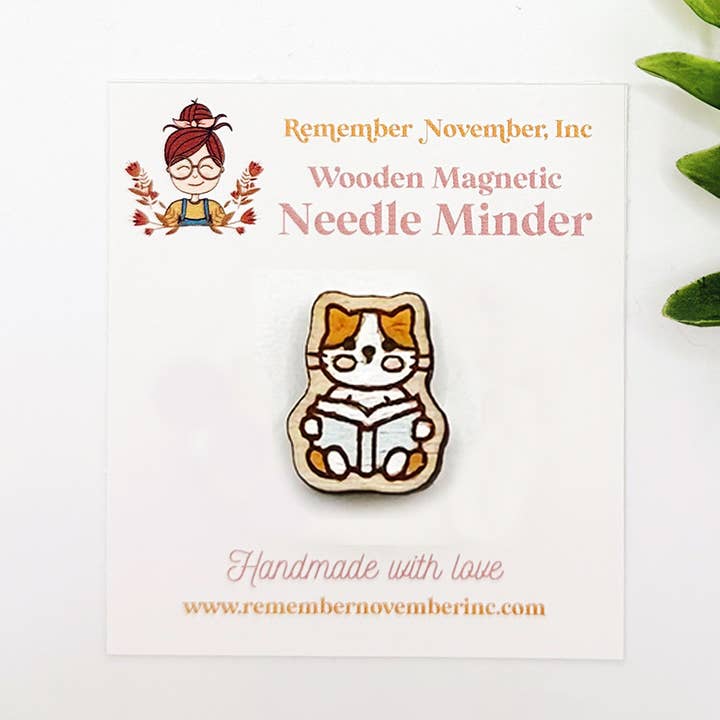 Cat Book Needle Minder, Wooden Magnetic Needle Minder for wholesale by Remember November, Inc