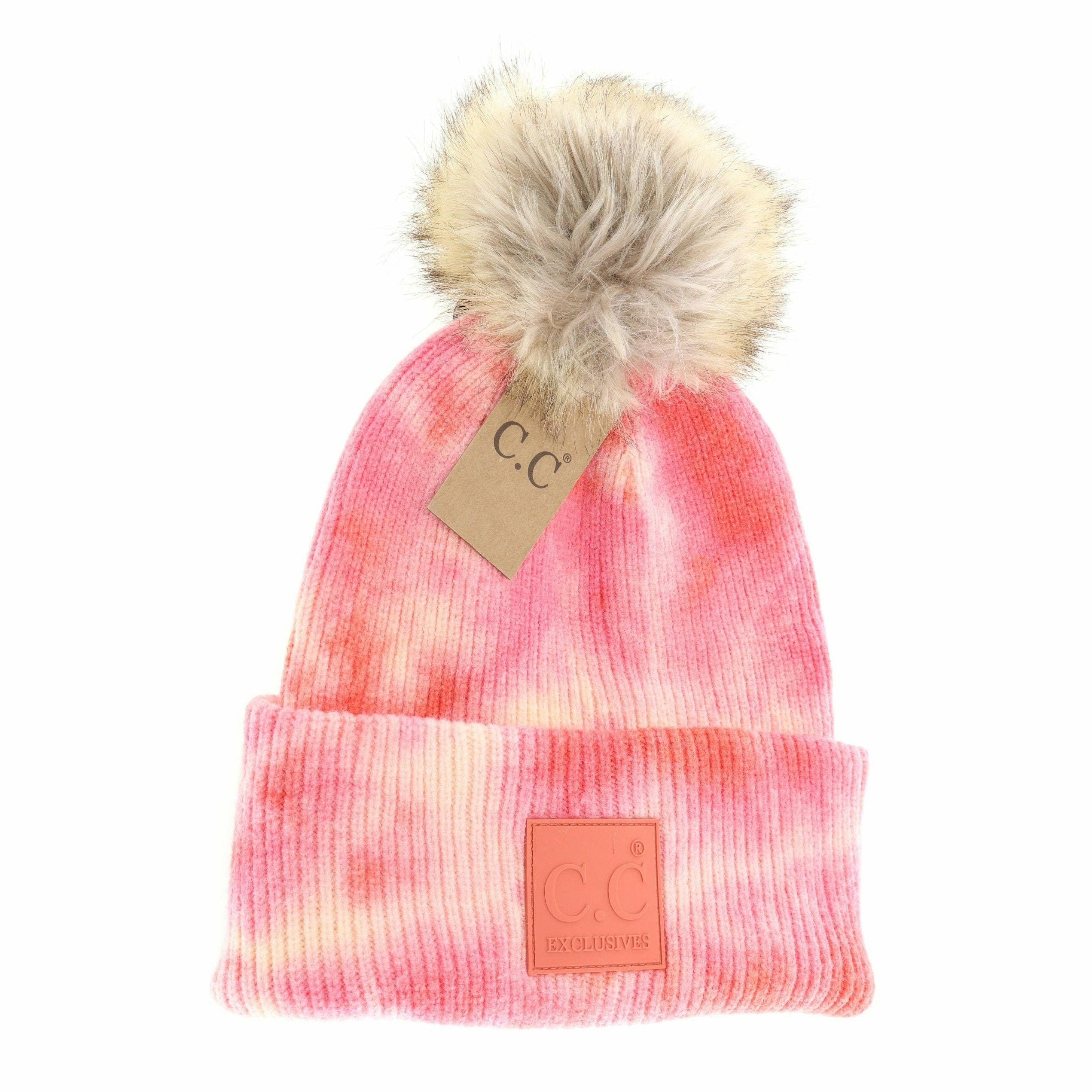C.C Beanie – Großhandel Beanie – Damen – Batikmütze mit Pelz und Pompon C.C. HAT7380POM5
