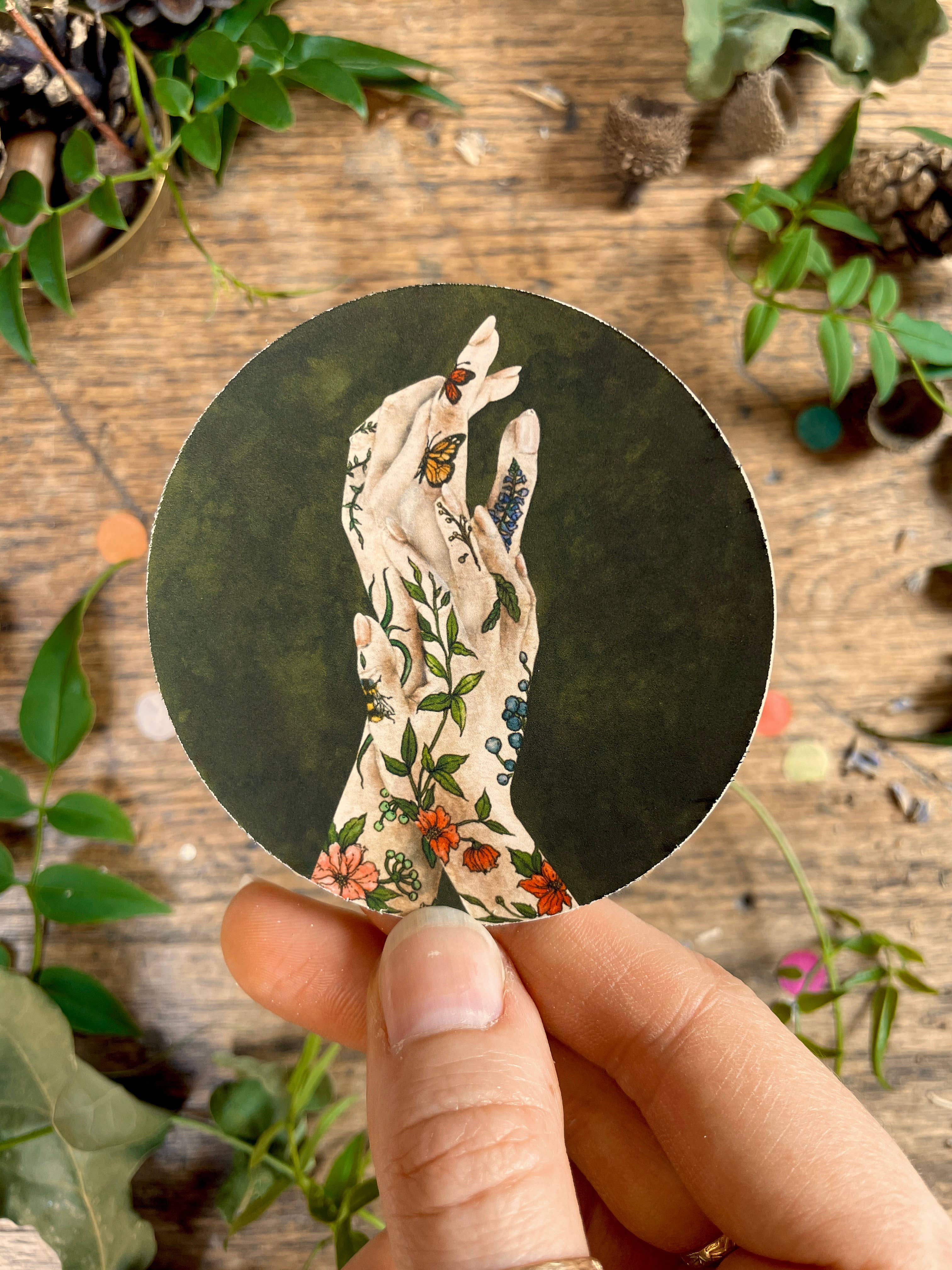 Georgiou Draws – wholesale Sticker – 'The Botanist' botanical floral tattooed hands Vinyl Sticker3