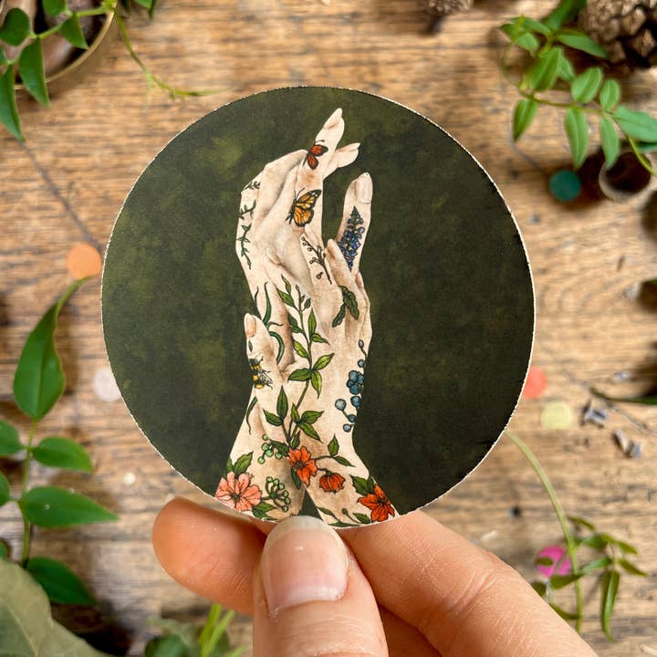 Georgiou Draws – wholesale Sticker – 'The Botanist' botanical floral tattooed hands Vinyl Sticker3