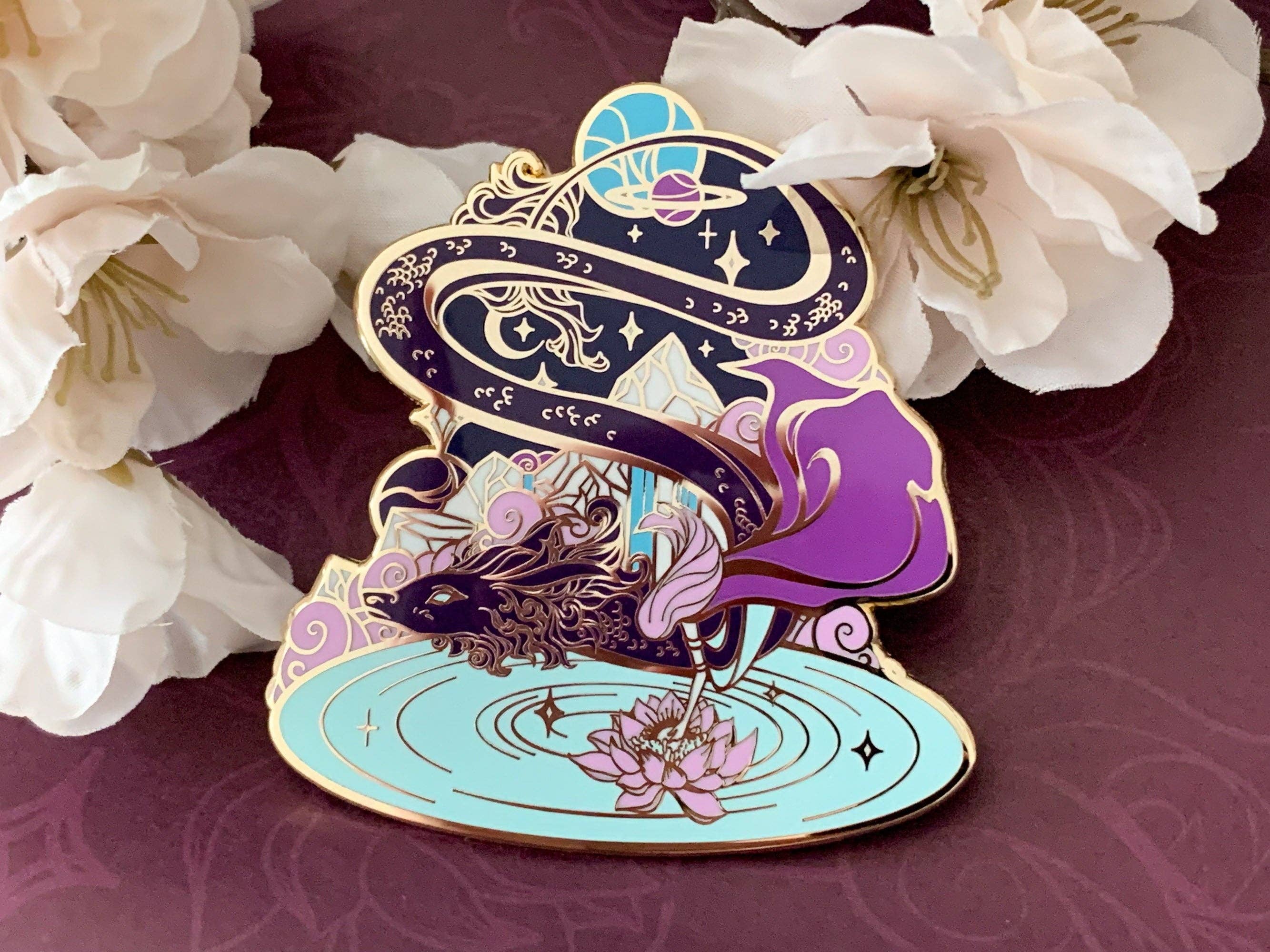 Keely Studios - Wholesale Lapel Pin/Button - Gold Celestial Garden Star Dragon Hard Enamel Pin1