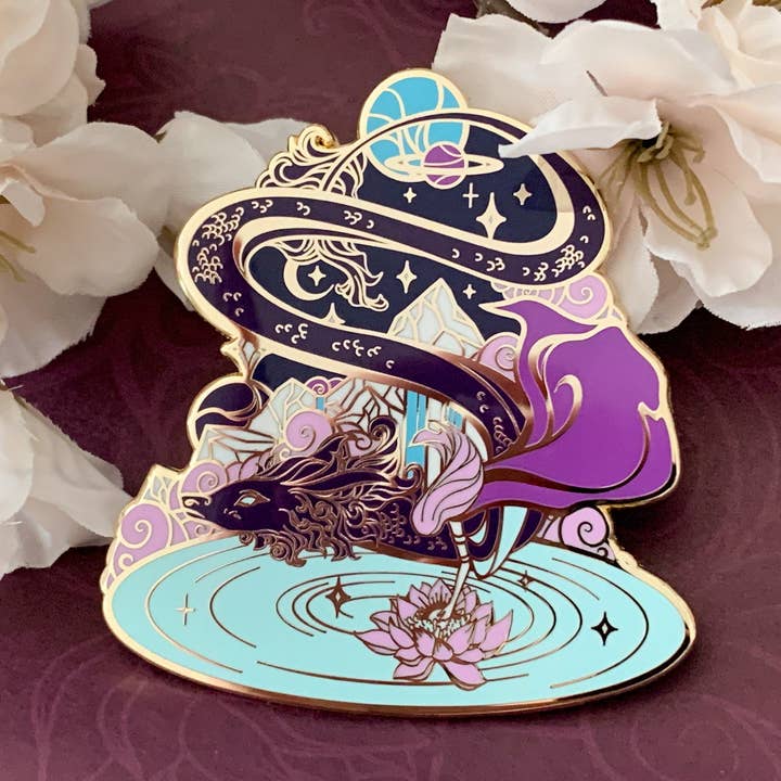 Keely Studios - Wholesale Lapel Pin/Button - Gold Celestial Garden Star Dragon Hard Enamel Pin1