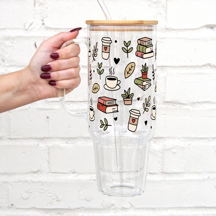 Copos de vidro 40oz Coffee and Books com tampa e palha por atacado de Sip-Sip Hooray!