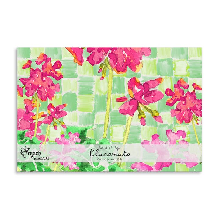 French Graffiti – Engroshandel Engangdækkeserviet – Pink pelargonier med grøn kontrol papir dækkeservietter