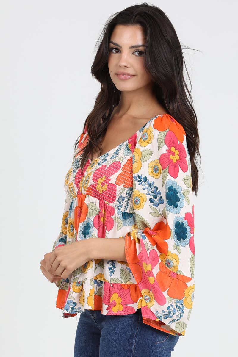 ANGIE - Wholesale Blouse - Women's - C2584-FQ94 V NECK SMOCKED BUST WIDE BELL SLEEVE FLORAL BLOUS3