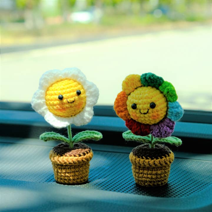 Anh2 LTD - Wholesale Car Decorative Charm - Unisex - Crochet Mini Smiley Sunflower Doll Potted Plant Car Ornament3
