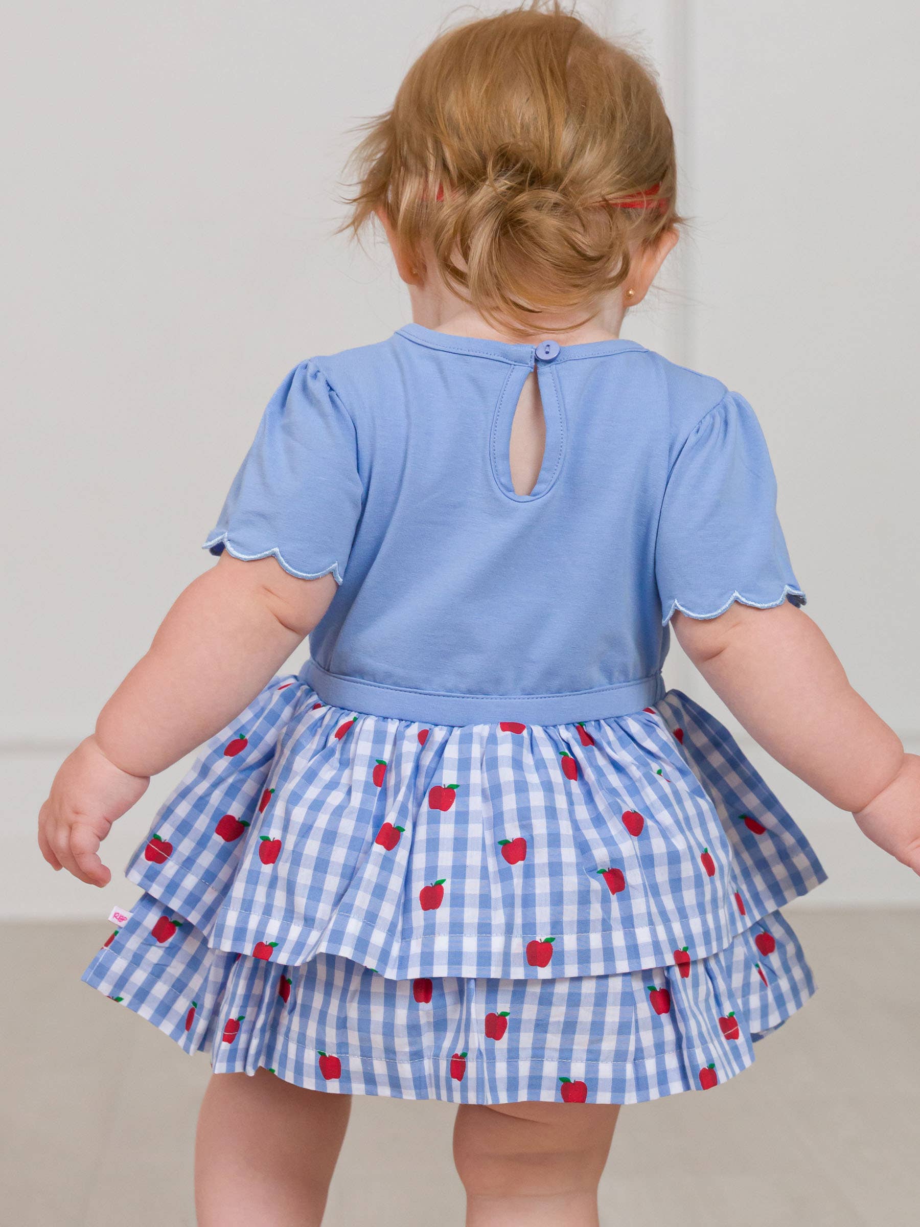 Blue Baby Girls Apple Orchard Classic Gingham Short Sleeve Skirted Romper for wholesale on Faire1