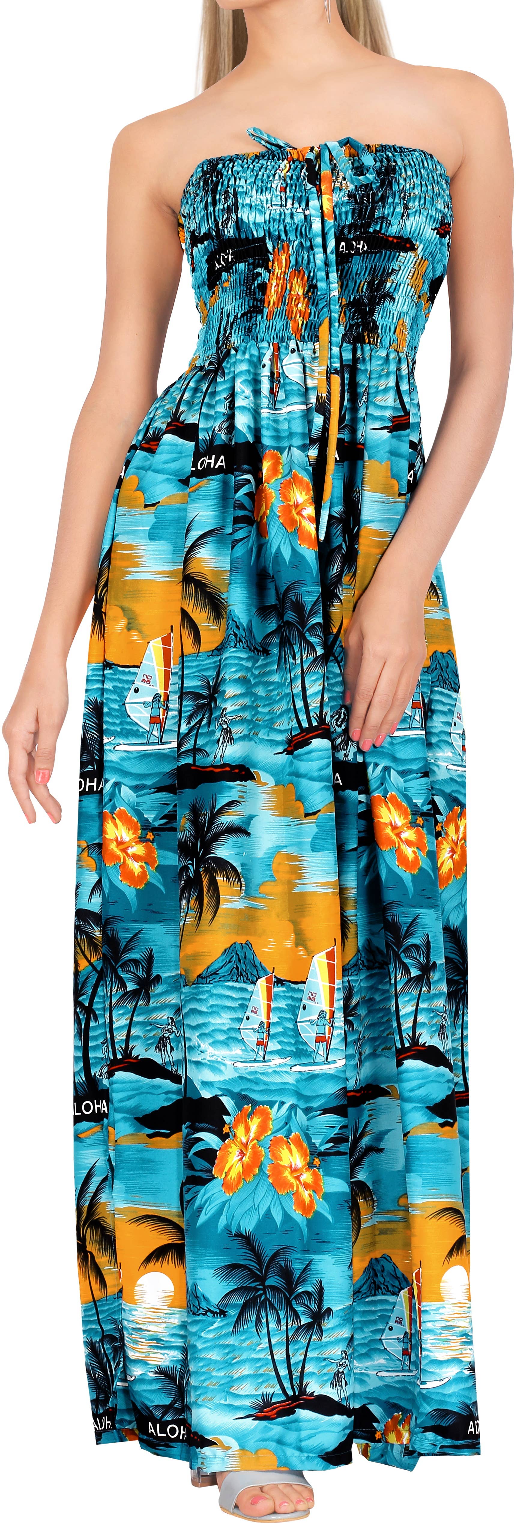 Teal LA LEELA Women's Tropical Aloha Palm Tree Long Tube Dress for wholesale on Faire2