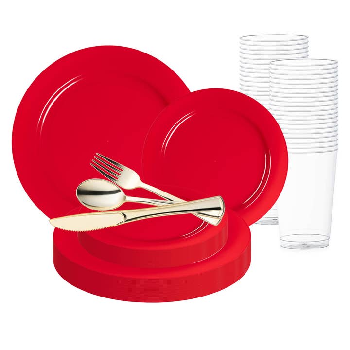 Red Holiday Round Plastic Wedding Value Set - 120 Sets for wholesale by Smarty had a Party