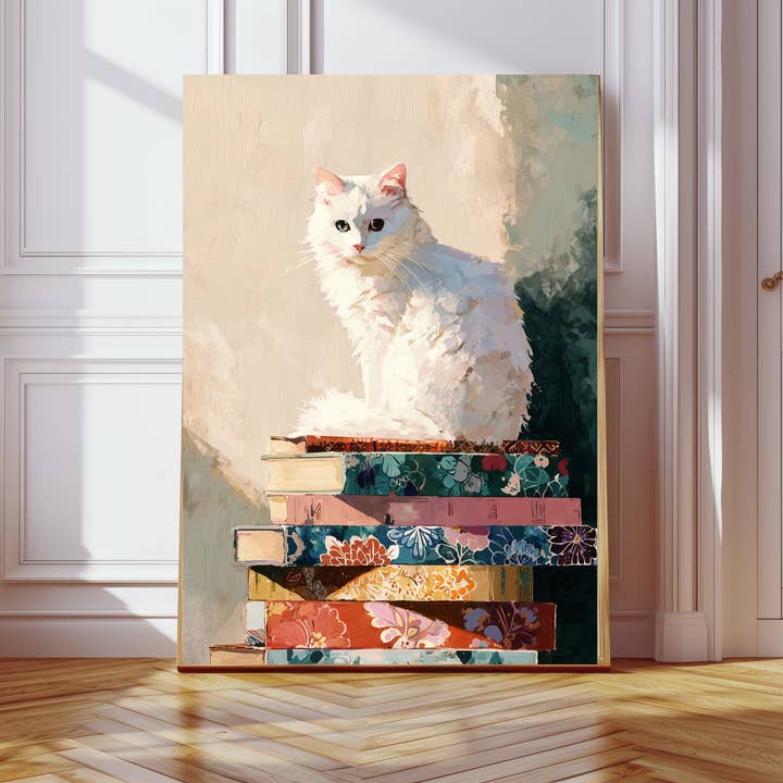 White Cat Painting Book Art Print for wholesale by Kumo Art Prints