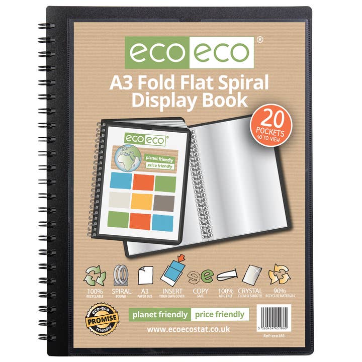 A3 90% Recycled 20 Pocket Fold Flat Spiral Display Book for wholesale by eco-eco Stationery Ltd