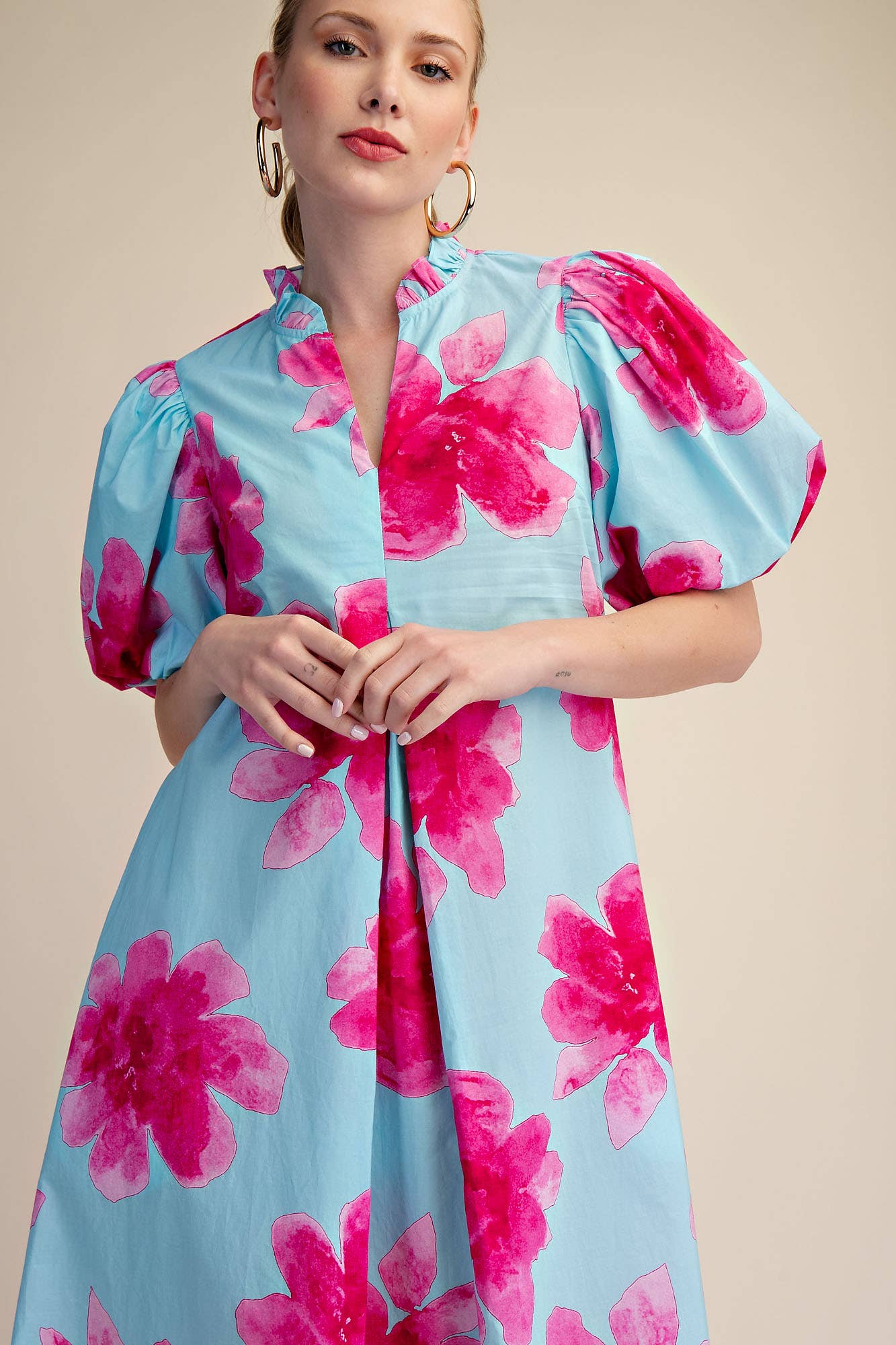 Glam - Wholesale Dress - Women's - Ruffle V-Neck Puff Sleeve Waist Pleated Midi Dress12