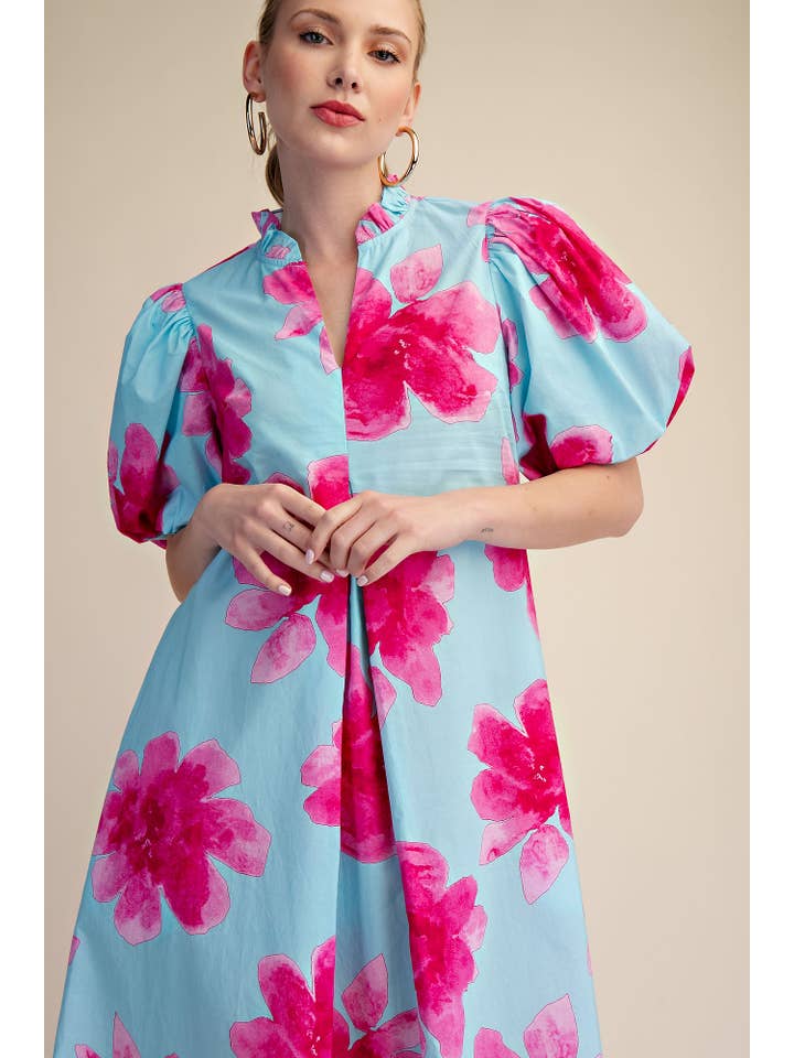 Glam - Wholesale Dress - Women's - Ruffle V-Neck Puff Sleeve Waist Pleated Midi Dress12