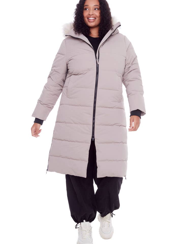 KLUANE PLUS | WOMEN'S VEGAN DOWN (RECYCLED) ULTRA LONG LENGTH PARKA, LIGHT TAUPE (PLUS SIZE) for wholesale by Alpine North CA