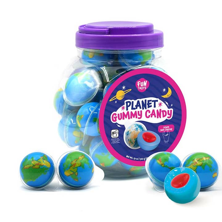 Planet Earth Jordgubbsgeléfyllda Gummigodisbollar 19 oz 30 st Burk för wholesale av Long Island Candy Factory