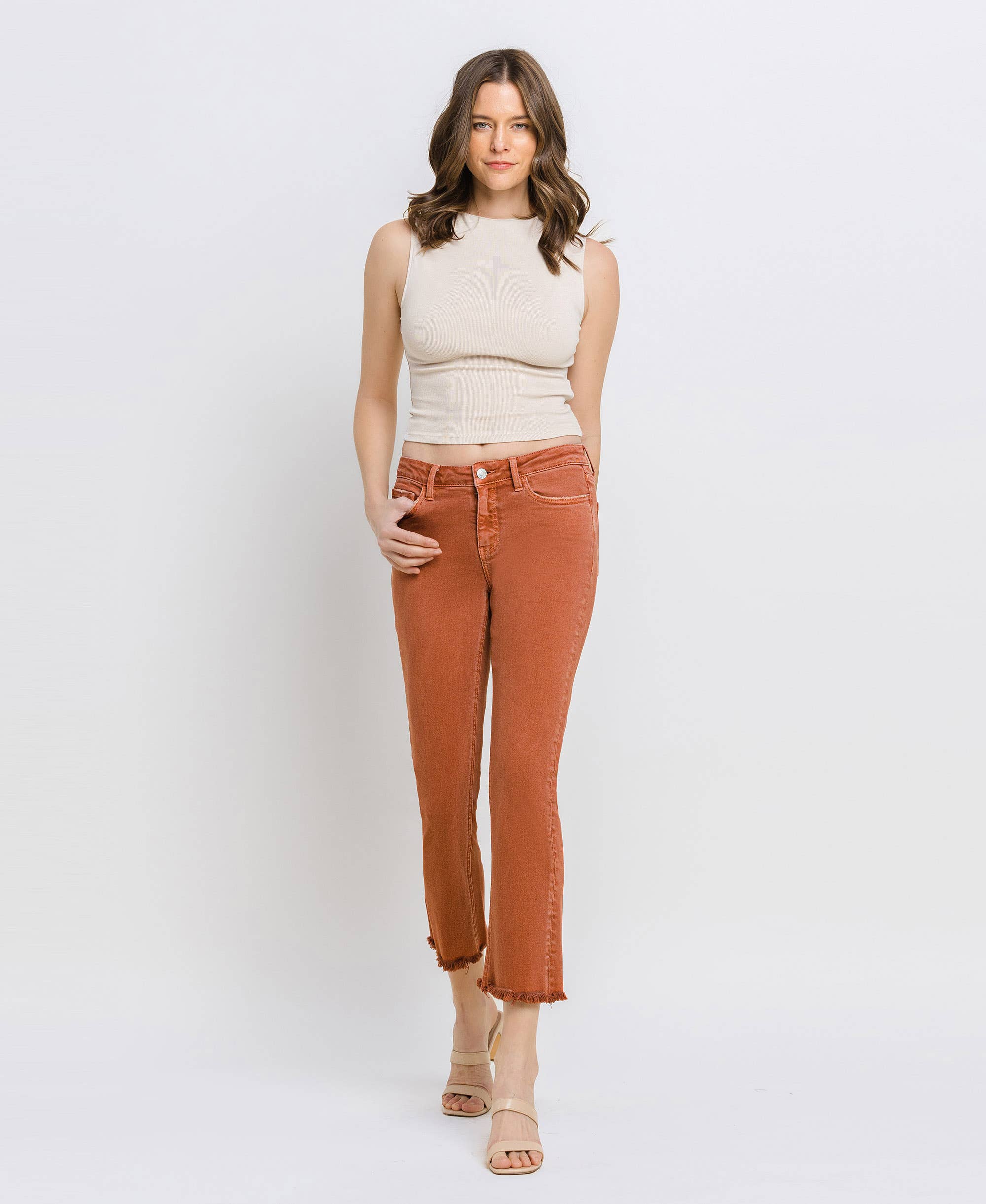BAKED CLAY MID RISE FRAYED HEM CROP SLIM STRAIGHT JEANS V3500BKC for wholesale on Faire4