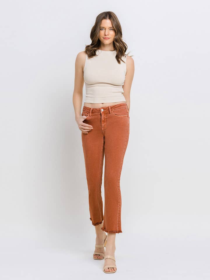 BAKED CLAY MID RISE FRAYED HEM CROP SLIM STRAIGHT JEANS V3500BKC for wholesale on Faire4