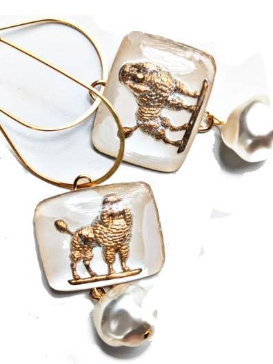 Vintage Reverse Painted on Glass Golden Poodle Earrings Vintage Pearls Gay Isber Pearl Gold for wholesale by Gay Isber Designs