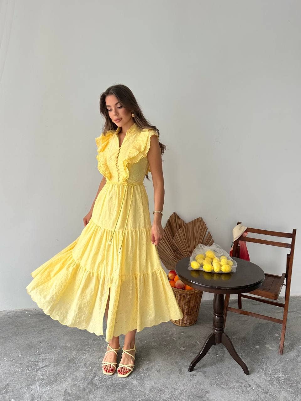 Design company-Fatma Balkir - Venta al por mayor Vestido - Mujer - Vestido elegante de encaje guipur amarillo - vestido vintage