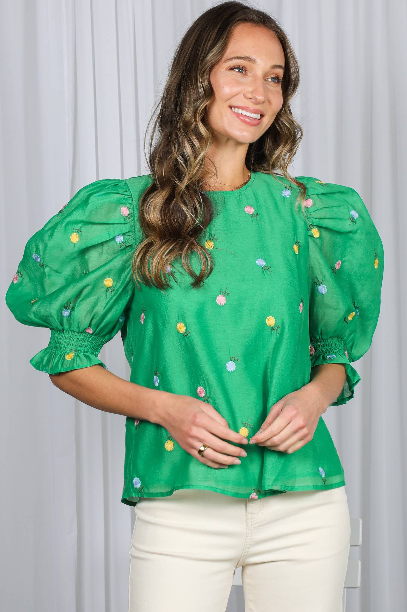 Vine & Love - Wholesale Blouse - Women's - Floral Embroidered Round Neck Organza Blouse Top VT82255-2