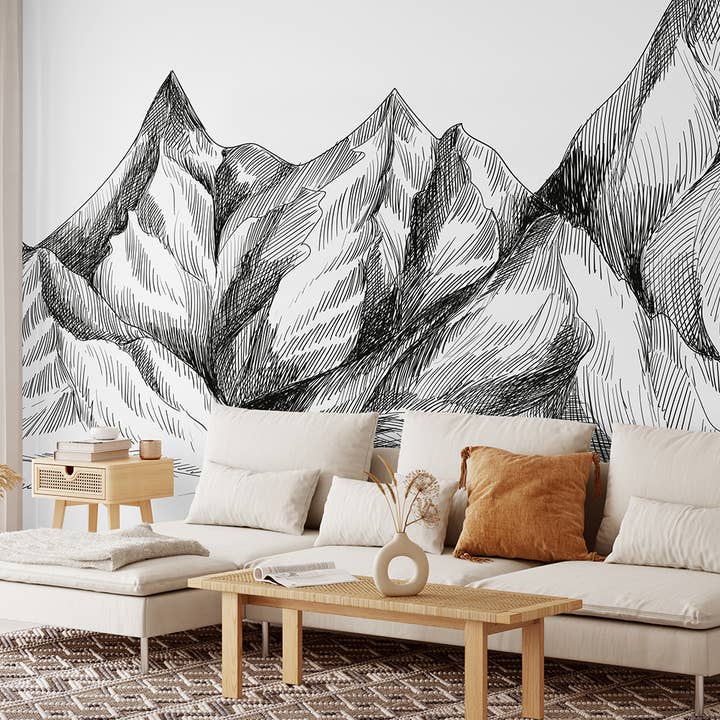 Sketch Mountain Nursery Wallpaper, Minimalist Neutral Mural for wholesale by SimurgWallArts