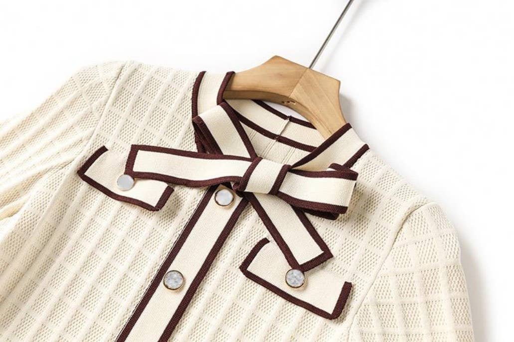 Productseeker - Wholesale Dress - Women's - DR831Y Elegant Cream Knit Bow-Tie Trim A-Line Dress4