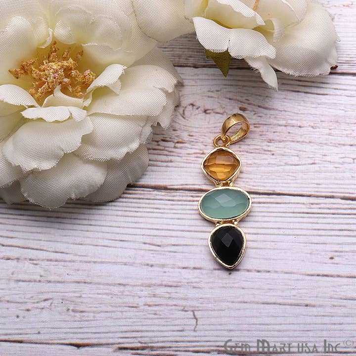 GemMartUSA - Wholesale Pendant/charm necklace - DIY Multi Gemstone 38x14mm Gold Plated Necklaces Pendant