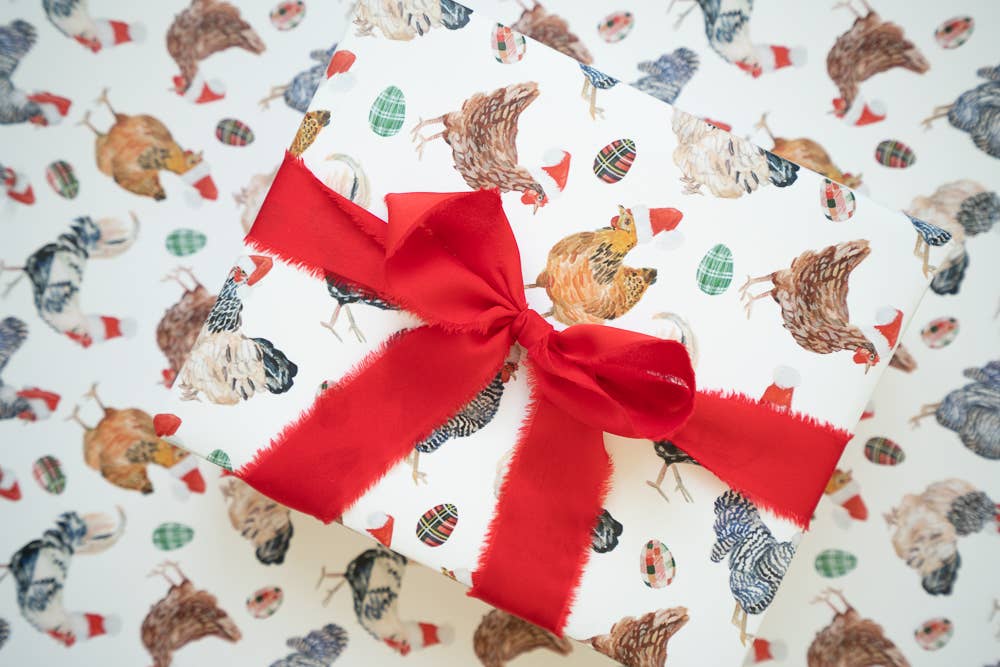 Lana's Shop - Wholesale Flat Wrap - Christmas Chickens in Santa Hats Single Sheet Gift Wrap3