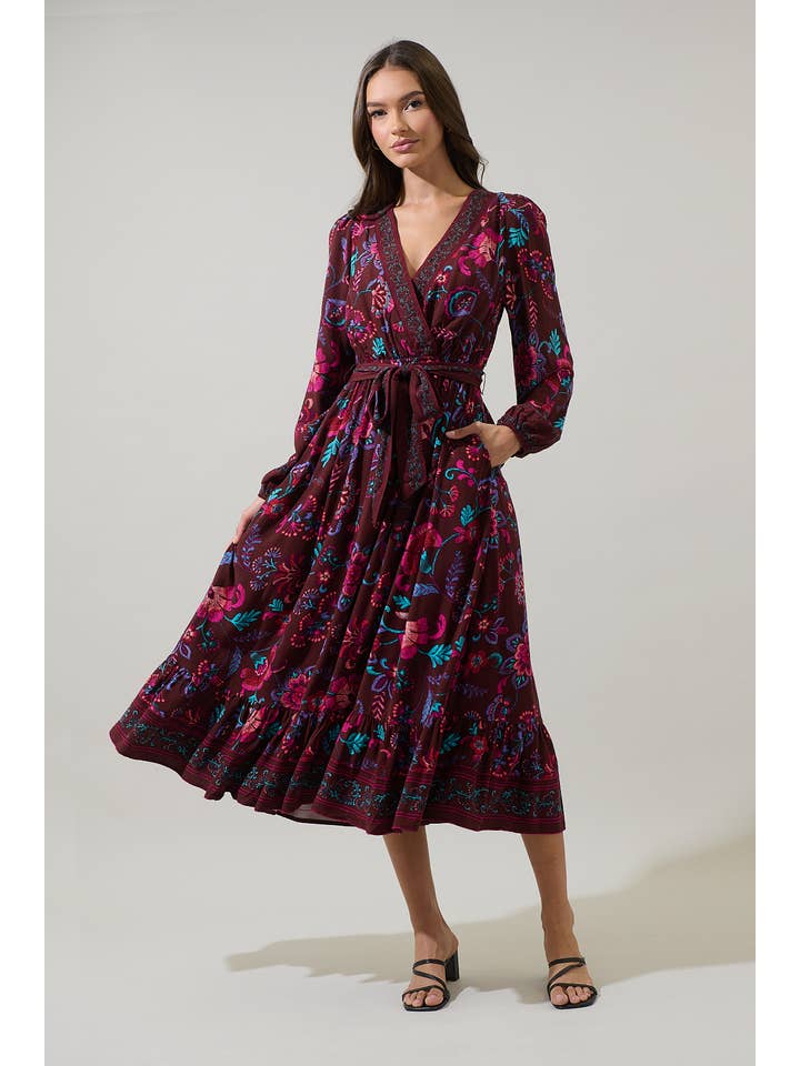BURG MULTI Tory Paisley Mindie Wrap Midi Dress for wholesale on Faire6