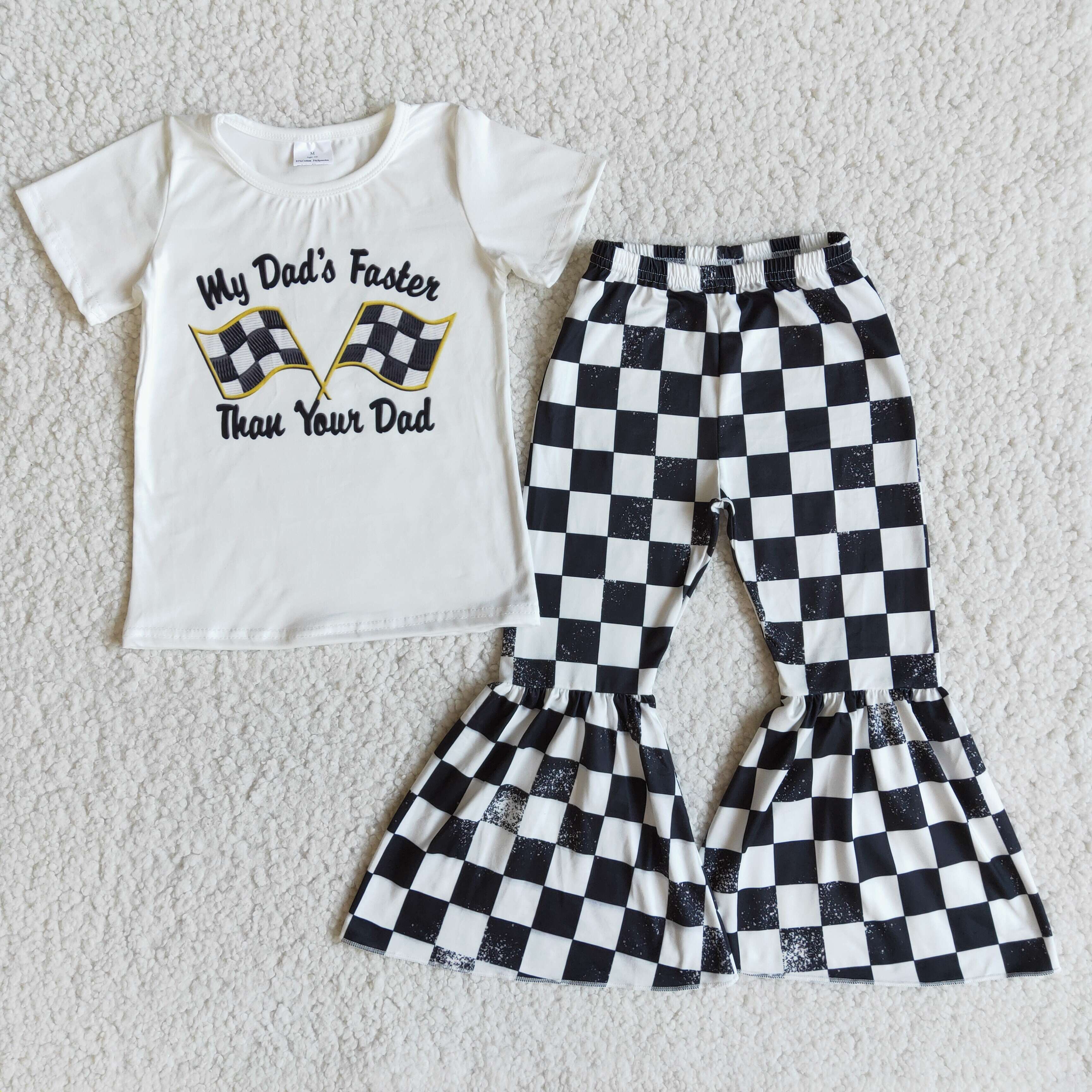 Yawoo Garments - Wholesale Top & Pant Set - Kids - My dad's faster than your dad flag shirt plaid pants girls c1
