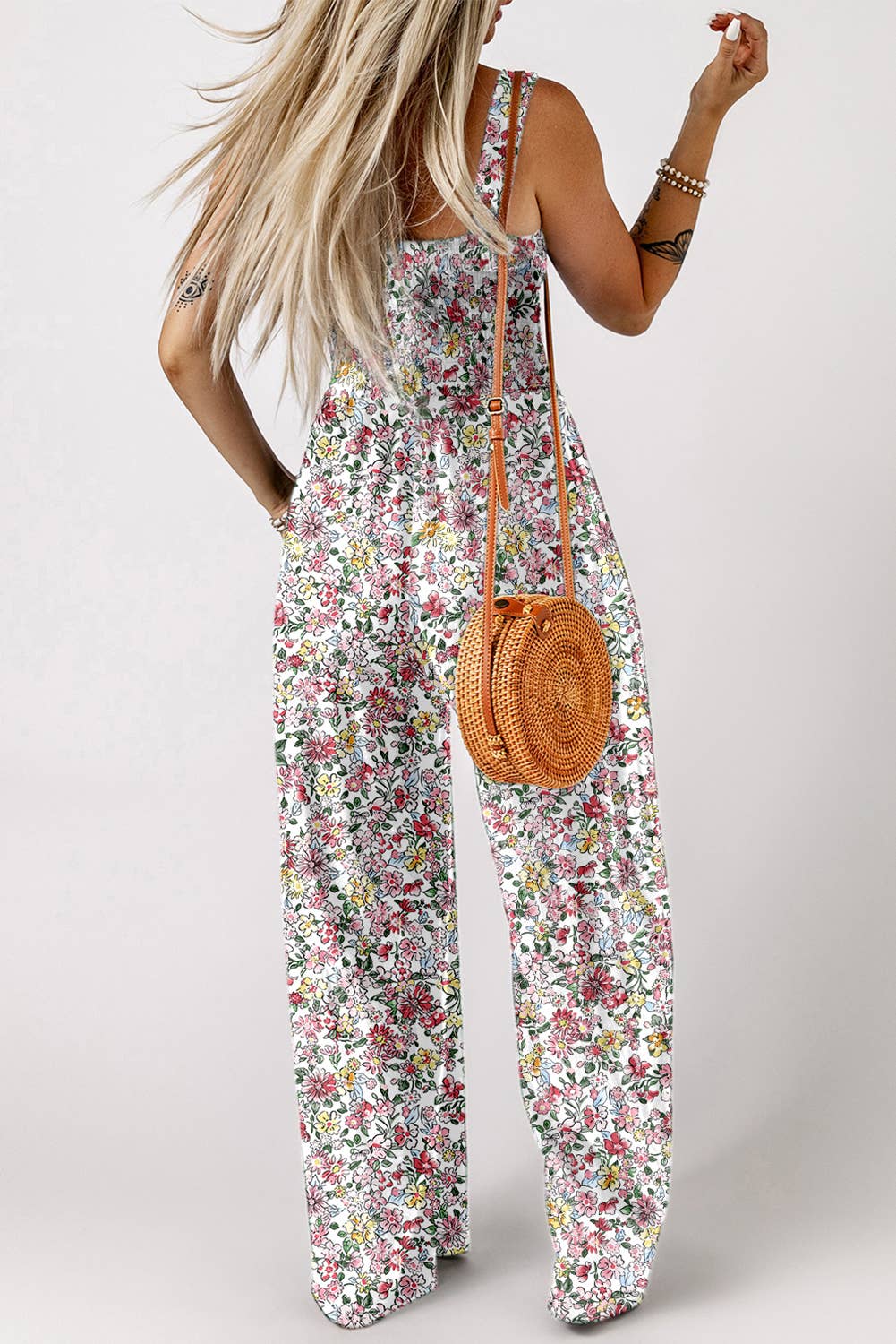 1 the Woman - Wholesale Jumpsuit - Women's - Spring Floral Print Smocked High Waist Square Neck Jumpsuit6