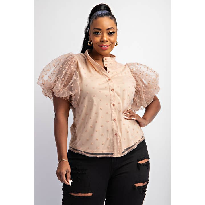 CHEMISE EN MAILLE À POIS GRANDE TAILLE AVEC MANCHES BOUFFANTES pour la vente par The Curve LA