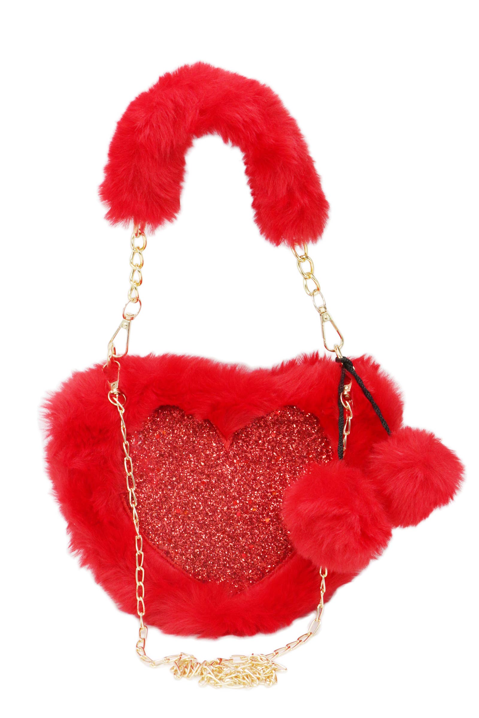 Cap Zone - Wholesale Crossbody Bag - Women's - Heart Glitter Faux Fur Crossbody Shoulder Bag5