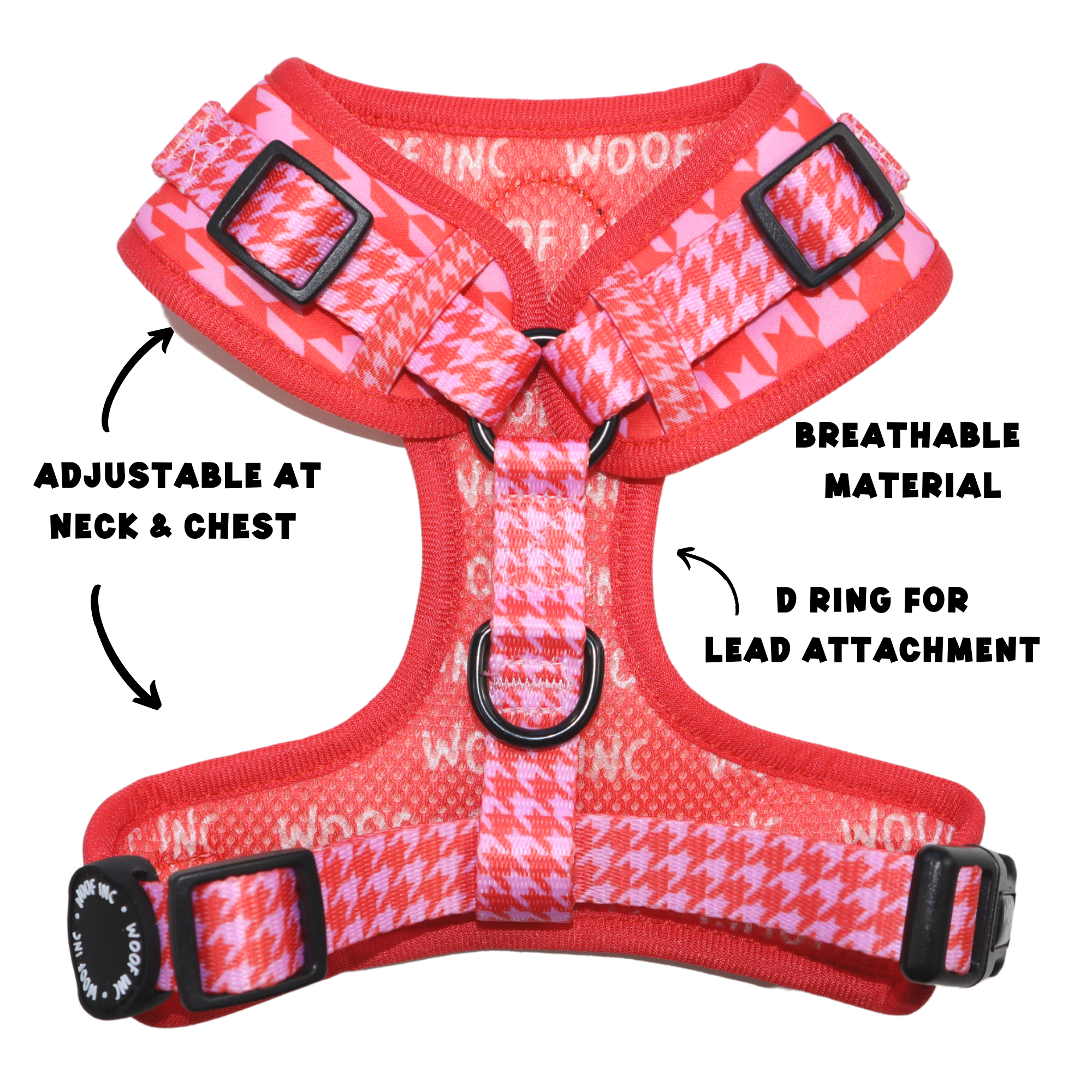 WOOF INC - Wholesale Pet Harness - Dog - Red & Pink Houndstooth Adjustable Dog Harness9