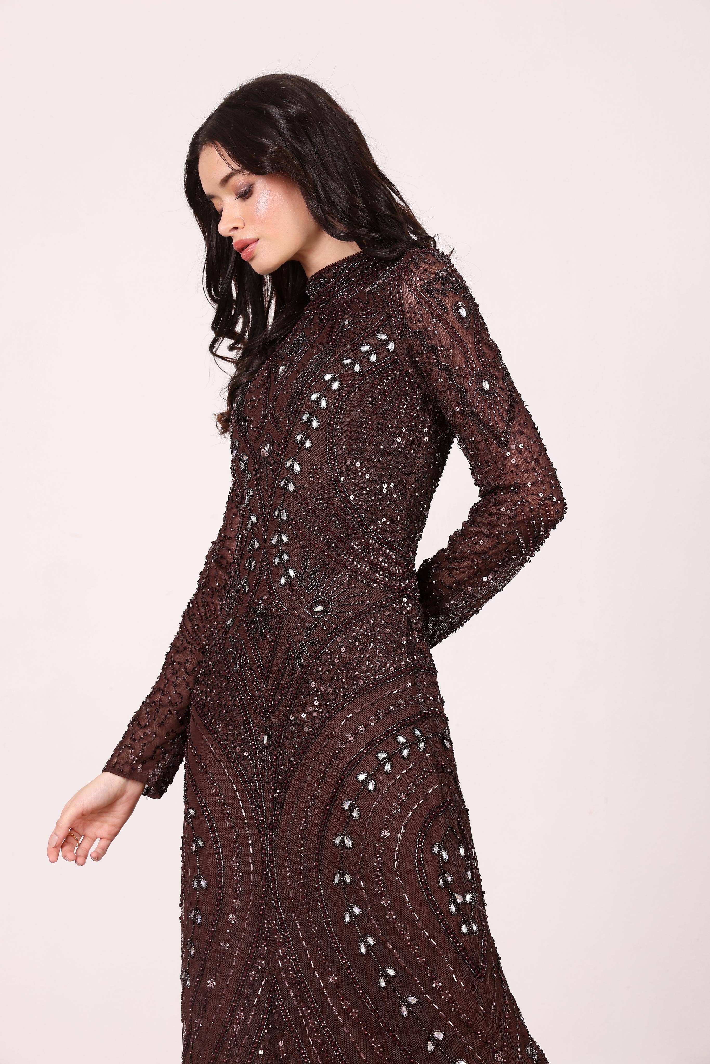 Lotus Embellished Maxi Dress in Chocolate Brown for wholesale on Faire6