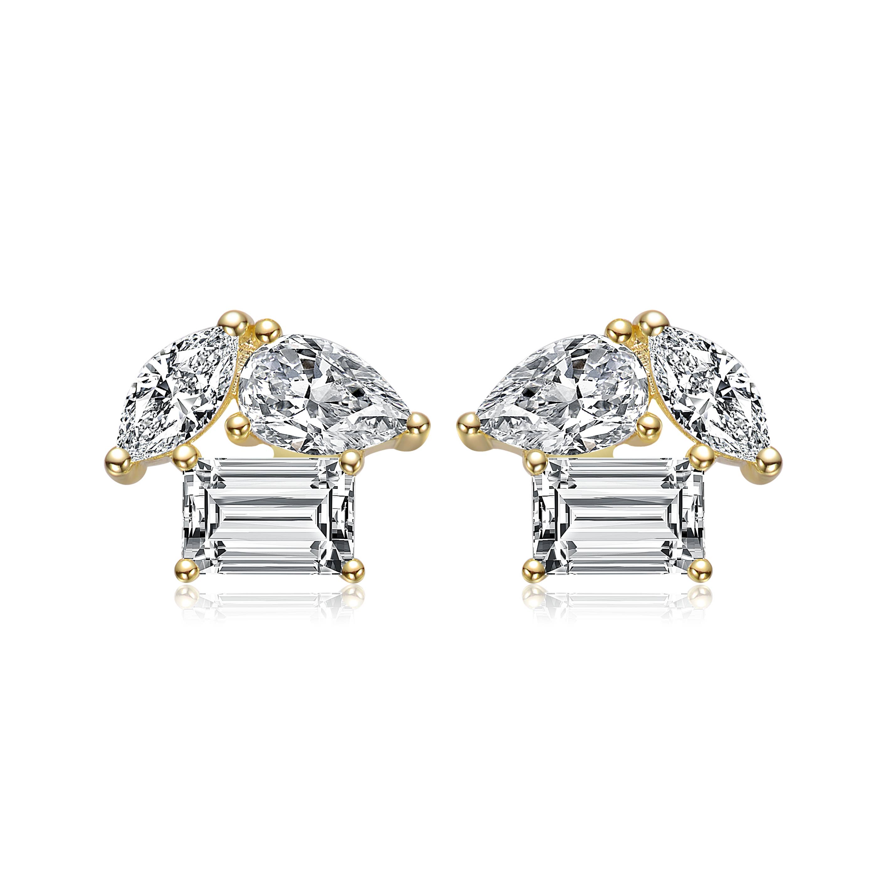Genevive – wholesale Stud/post earrings – SS 14K GP Marquise & Emerald Cut Triple Stone Stud Earrings1