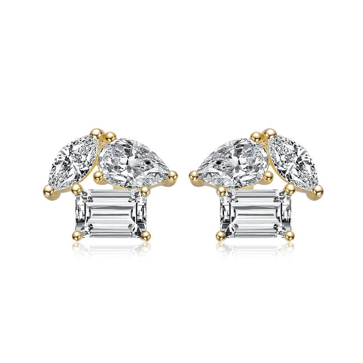 Genevive – wholesale Stud/post earrings – SS 14K GP Marquise & Emerald Cut Triple Stone Stud Earrings1