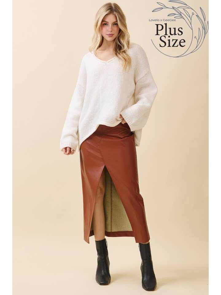 GeeGee x Lovelo - Wholesale Skirt - Women's - Plus Faux Leather Midi Skirt MS50582PL