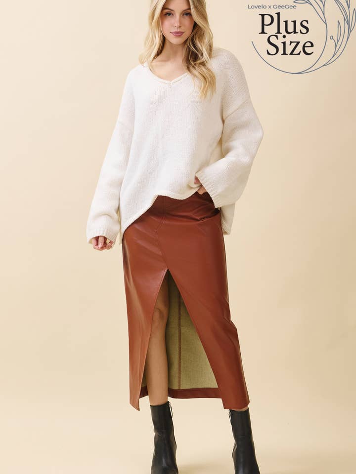 Plus Midi Rok van Imitatieleer MS50582PL voor wholesale door GeeGee x Lovelo