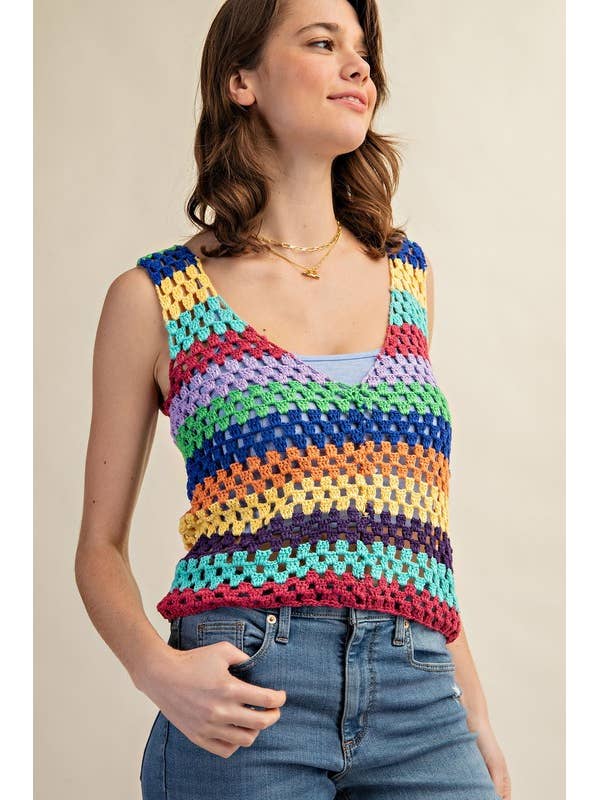 RAINBOW STRIPE OPEN WEAVING CROCHET SLEEVELESS TOP for wholesale by Pink Irene Wholesale