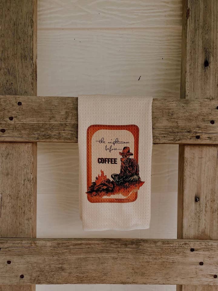 nightmare before coffee kitchen towel! for wholesale by Roadside Ranch Design