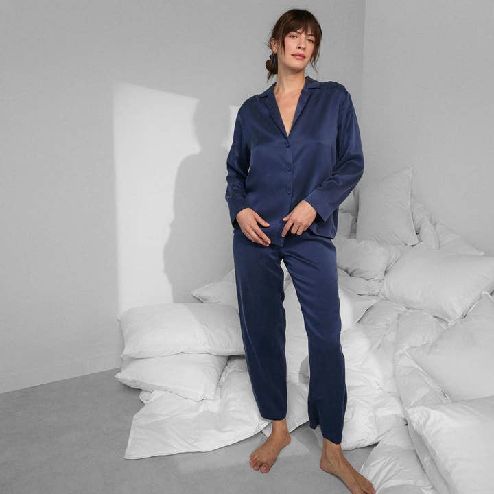 Deep Blue Washable Silk Long Sleeve Pant Set for wholesale on Faire1