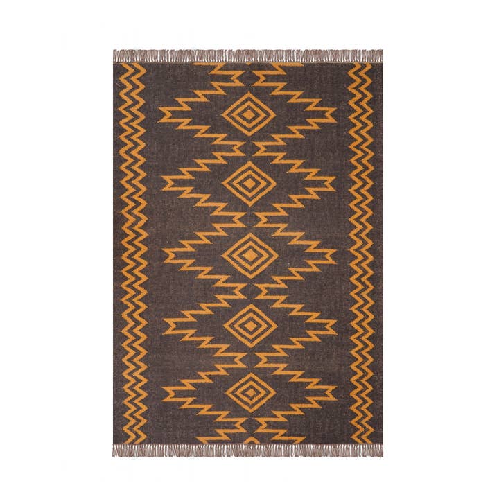 Chouhan Rugs - Wholesale Area Rug - Indian Handmade Black Kilim Jute Rug With Yellow Design Rug1