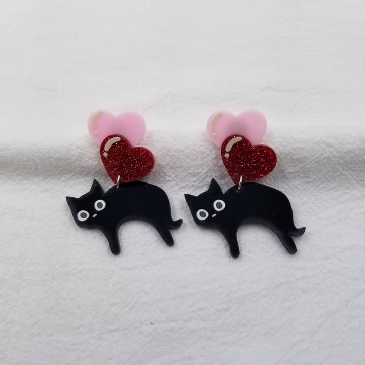 Valentine's Day Heart Balloon Black Cat Earrings for wholesale by ENA Jewelry