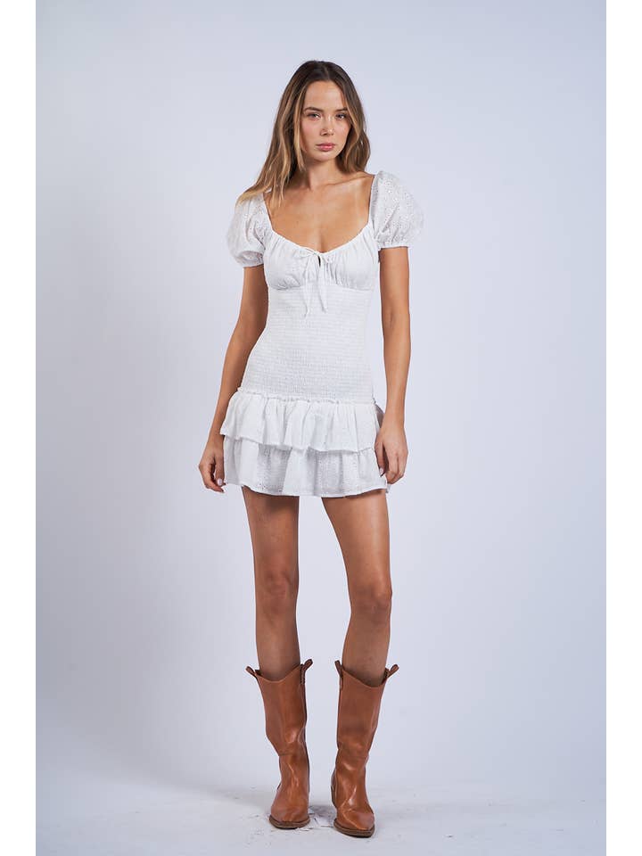 -WHITE EYELET PUFF SLEEVE RUFFLE LAYERED MINI DRESS for wholesale on Faire