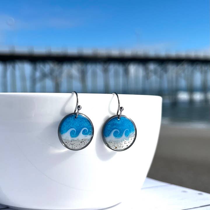 Custom Sand Circle Wave Dangle Earrings for wholesale by Sandy Beaches Shop