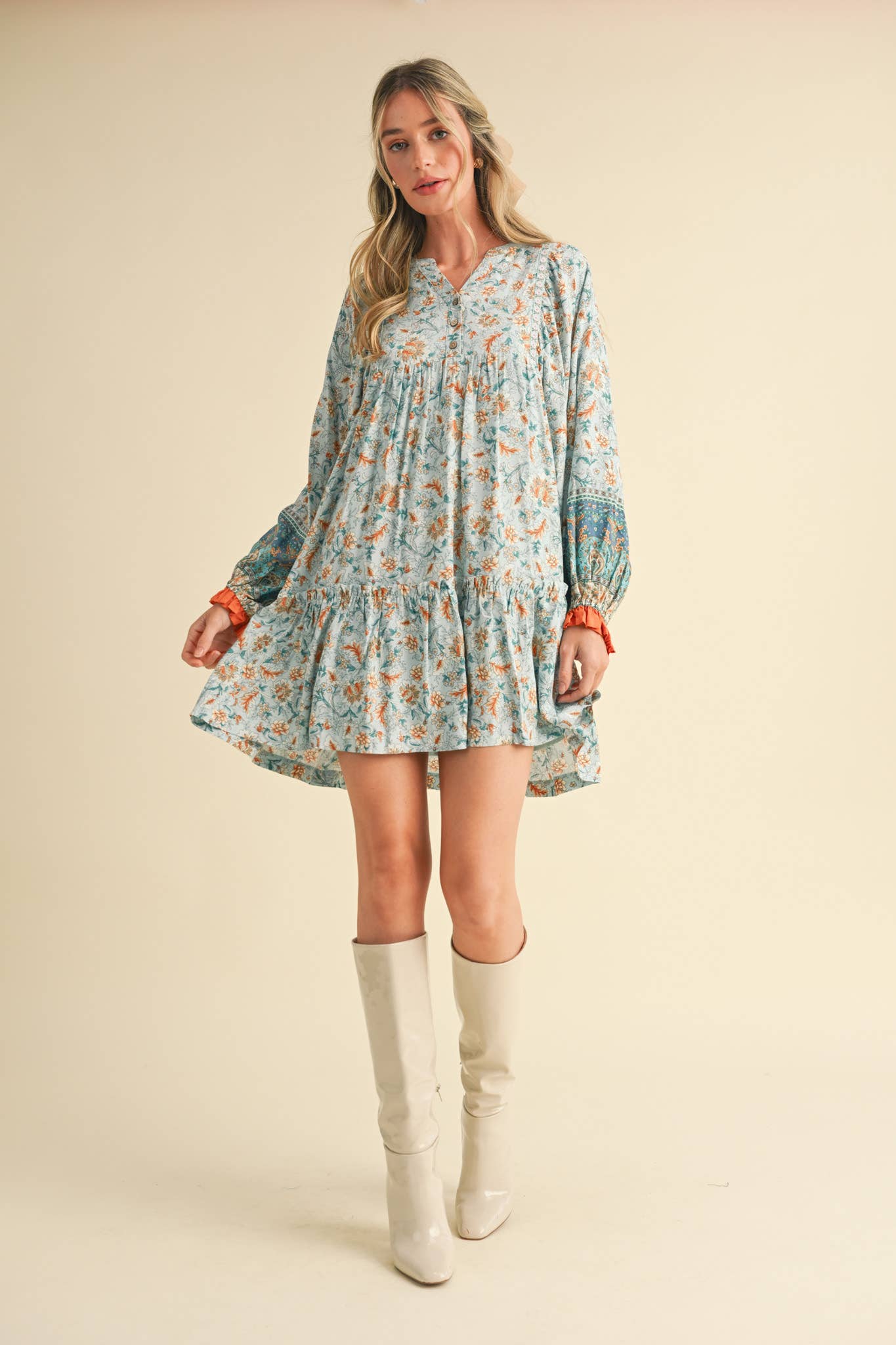 &MERCI - Wholesale Dress - Women's - EXCLUSIVE PRINT PUFF SLEEVE TIERED BABYDOLL DRESS MDR34903