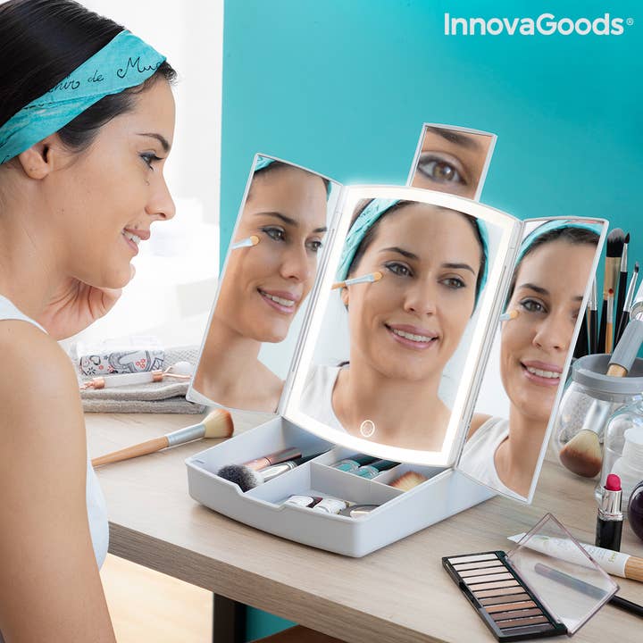 InnovaGoods - Wholesale Makeup Mirror - 3-in-1 Foldable LED Mirror with Makeup Organizer