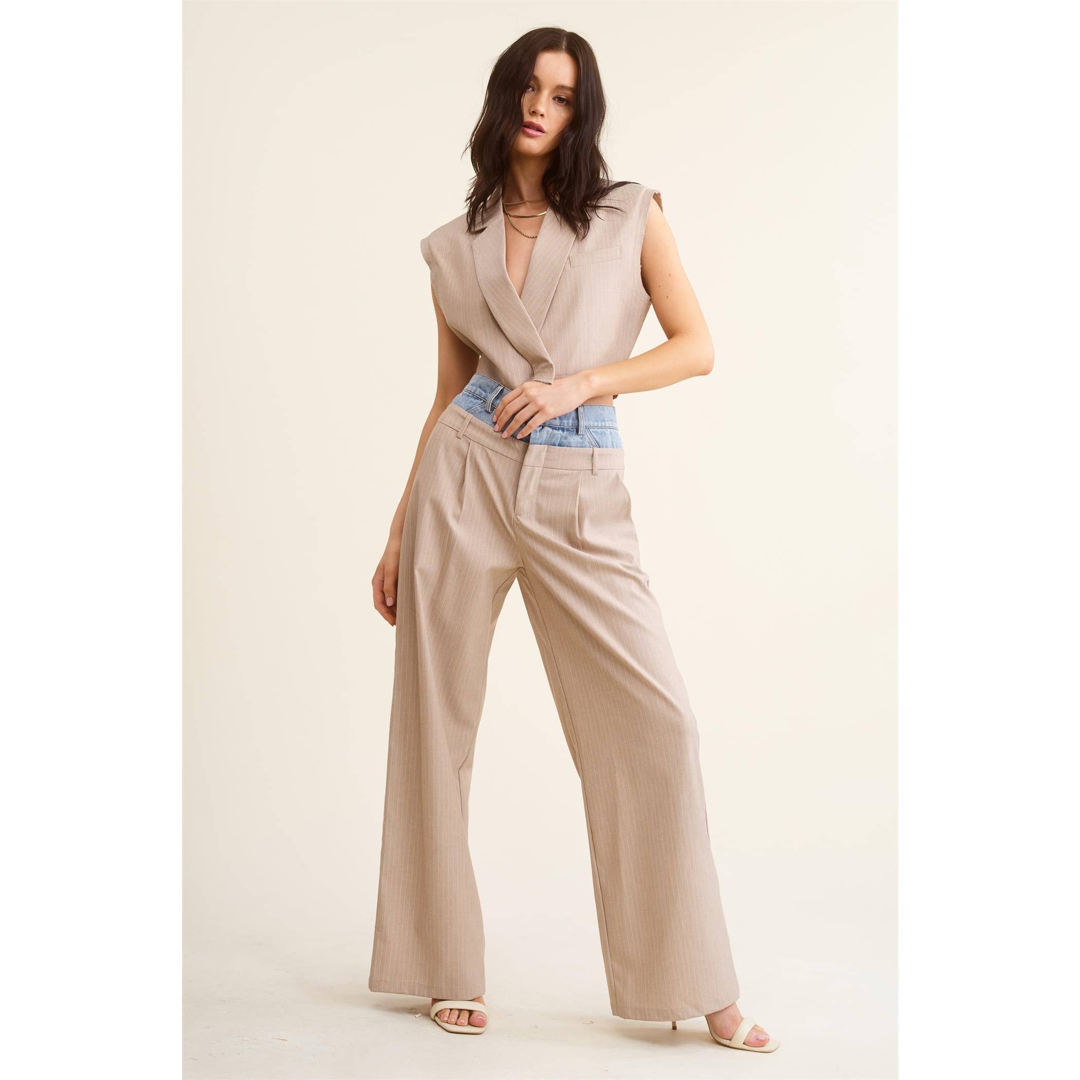 BEIGE Denim Waistband Contrast Stripe Wide Leg Trousers MB5057  for wholesale on Faire16